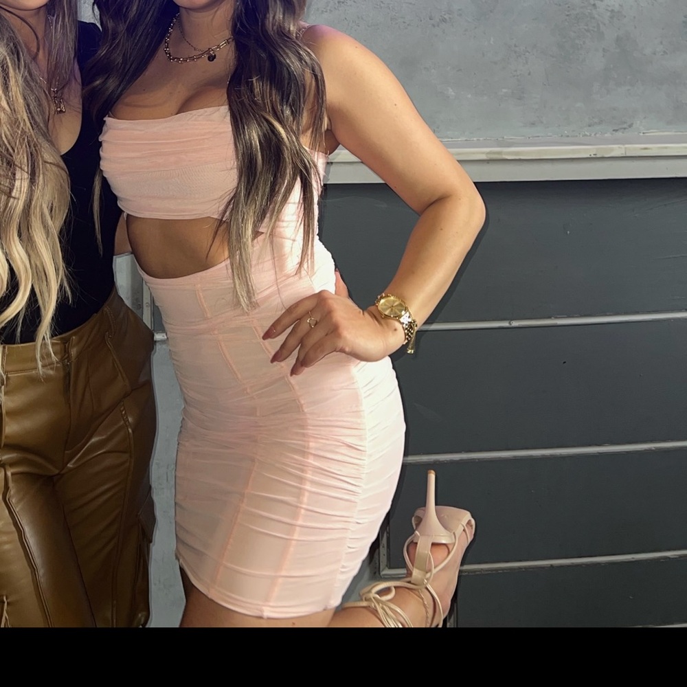 Oh Polly Strapless Pink Ruched Dress